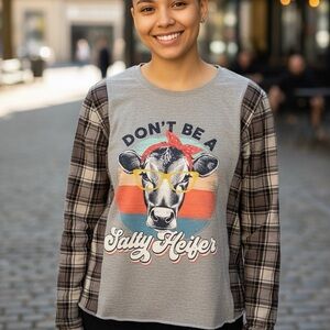 Upcycled handmade  "Salty Heifer"  tee Western Flannel boho - Size Small grey